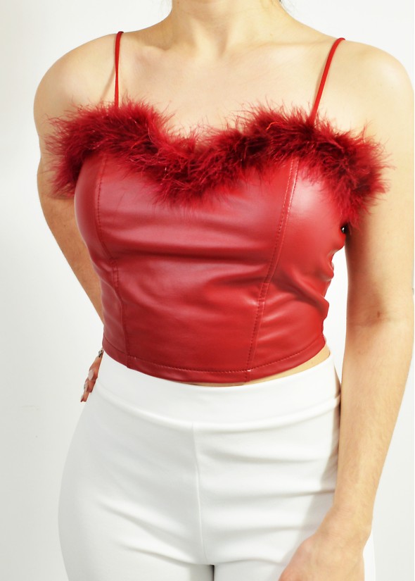 Faux leather crop top with feathers