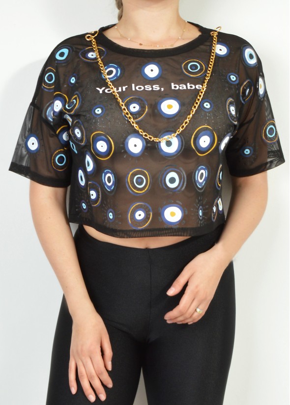 See through crop top with chain and evil eye