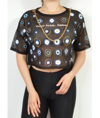 See through crop top with chain and evil eye
