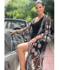 Long kimono with stiched pattern