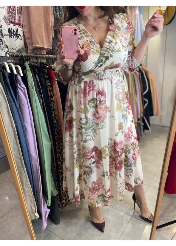 Long printed dress with belt