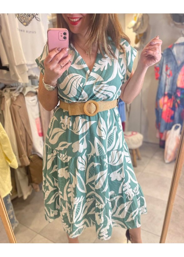 Long printed dress with belt