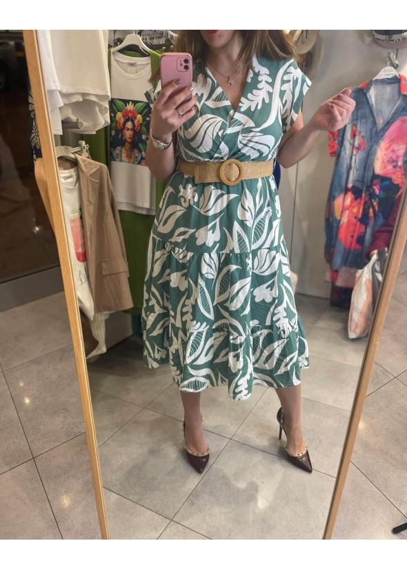 Long printed dress with belt